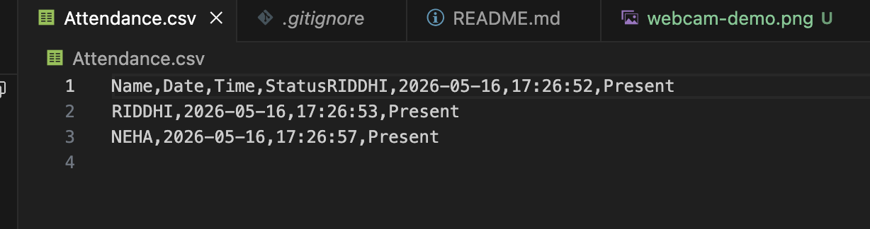 Attendance CSV file showing present records for recognized students