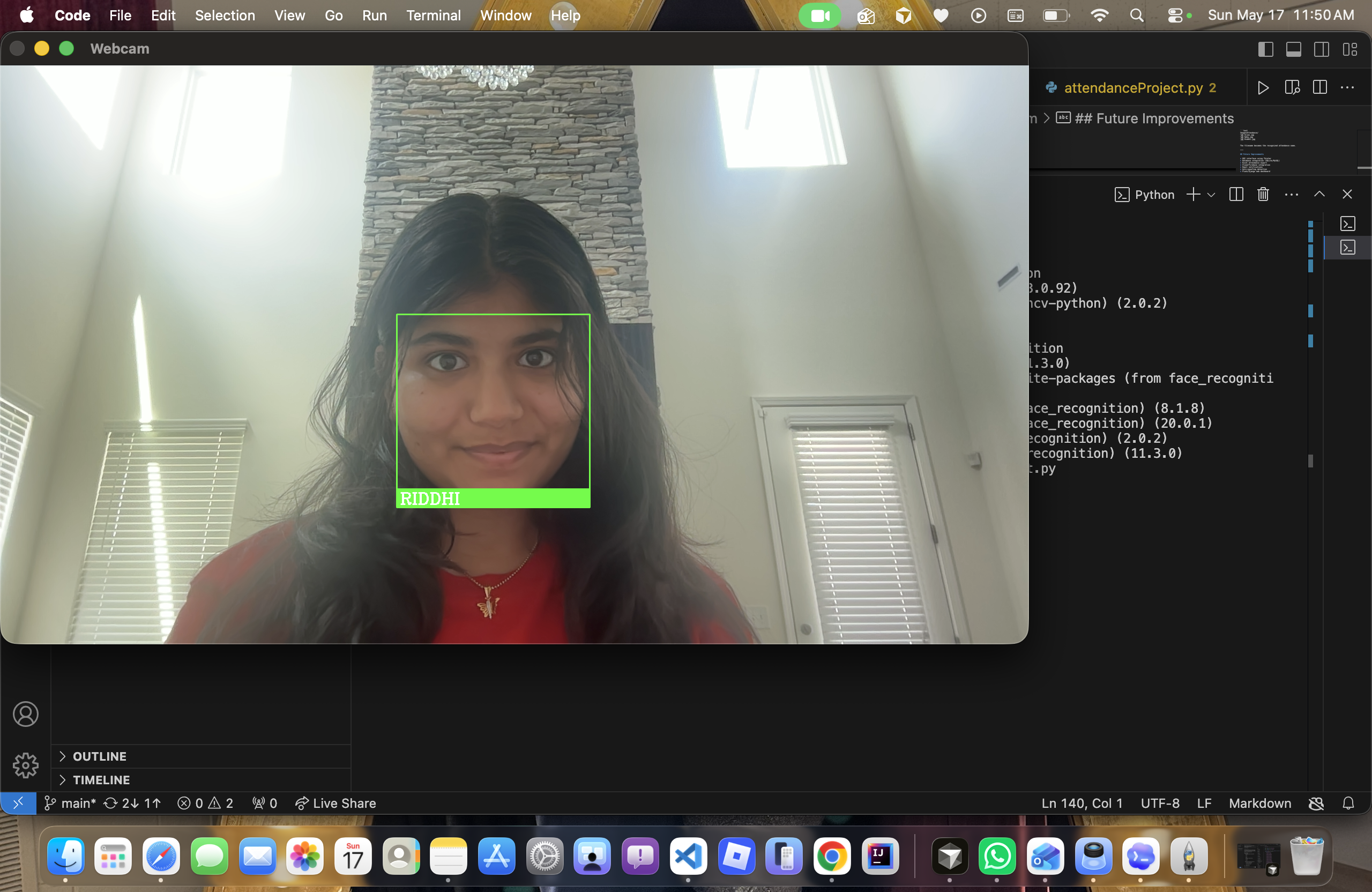 Webcam demo showing real-time face detection with the recognized name Riddhi